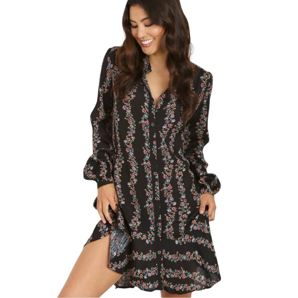 Free People Black Floral Long Sleeve Dress Button up size xs